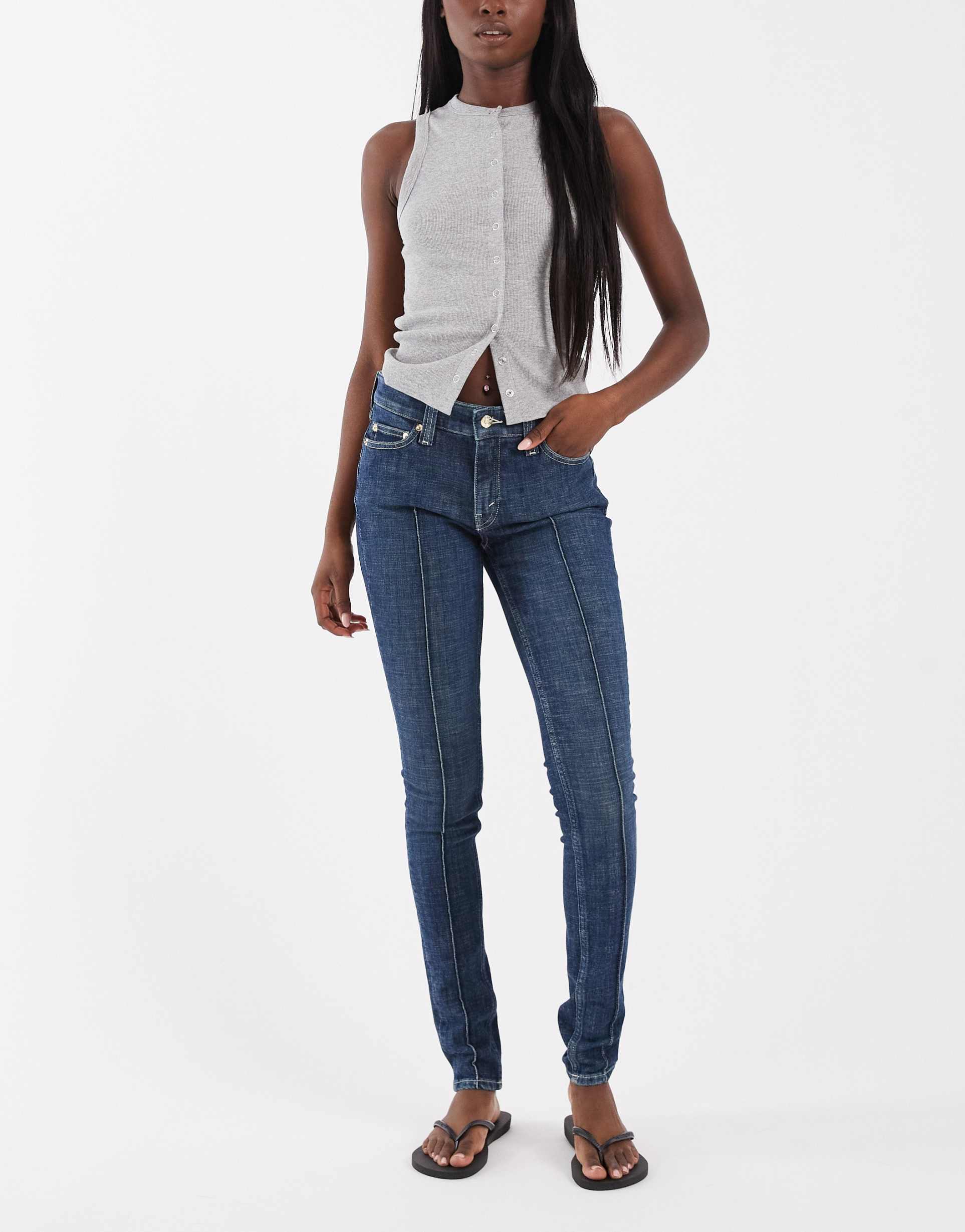 tommy jeans tommy girl skinny jeans with seam detail in mid blue