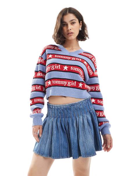 Tommy Jeans tommy girl stripe v neck jumper in blue and red