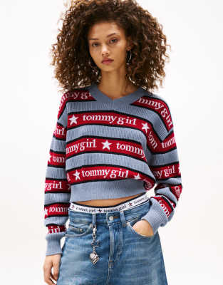 tommy girl stripe v neck sweater in blue and red