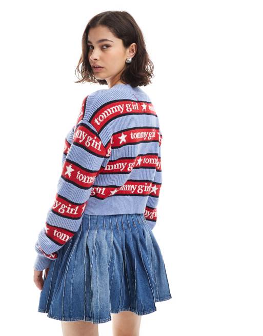 Tommy Jeans tommy girl stripe v neck sweater in blue and red, 4 of 4