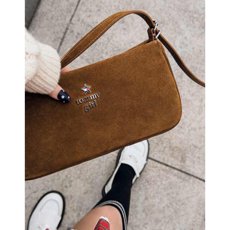 Tommy Jeans Tommy Girl suede shoulder bag with charm in tan | ASOS