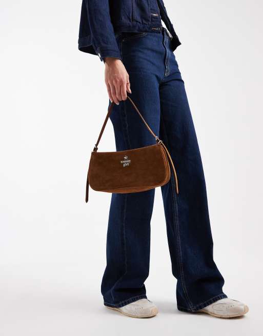 Tommy Jeans Tommy Girl suede shoulder bag with charm in tan, 3 of 4