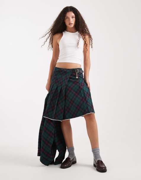 Tommy Jeans Tommy Girl tartan midi skirt with buckle detail in green - view 1