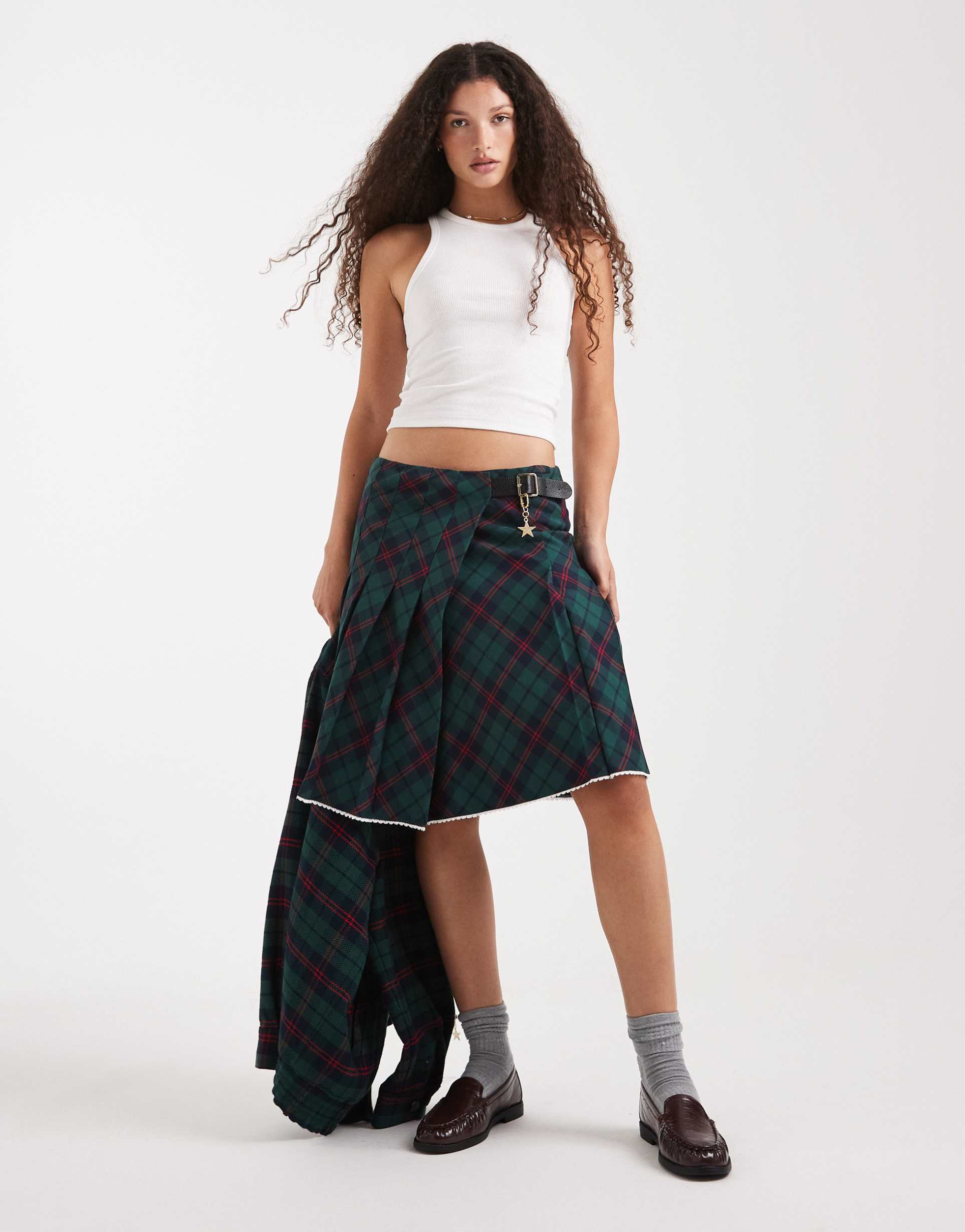 tommy jeans tommy girl tartan midi skirt with buckle detail in green