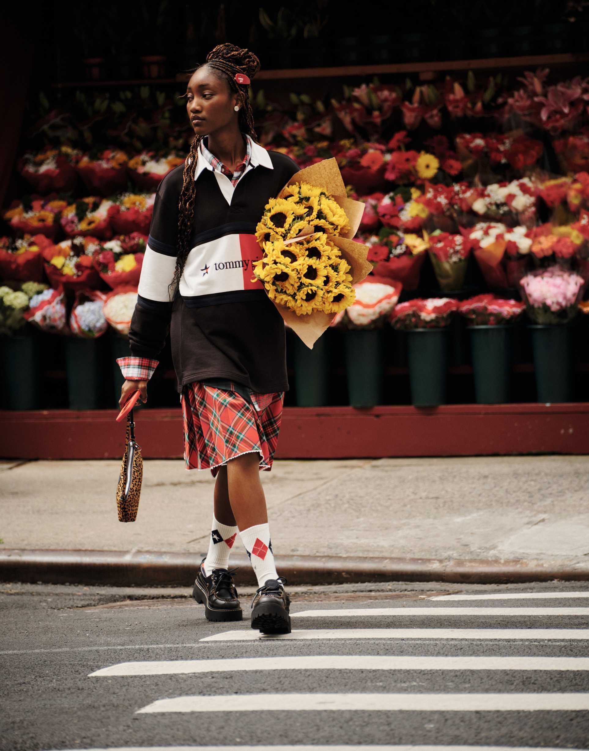 tommy jeans tommy girl tartan midi skirt with buckle detail in red