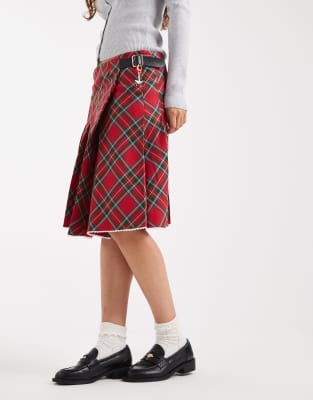 Tommy Jeans Tommy Girl Tartan Midi Skirt With Buckle Detail In Red