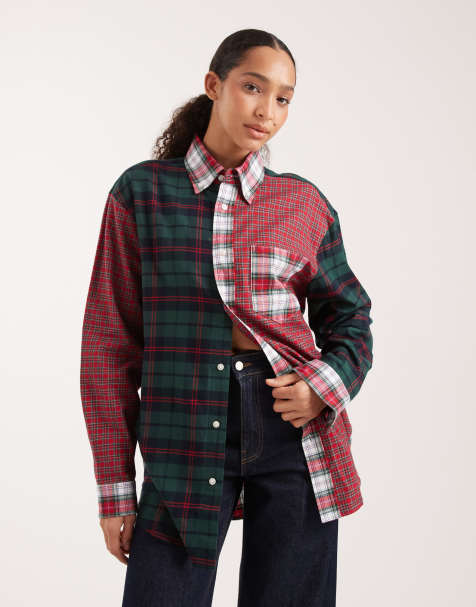 Tommy Jeans Tommy Girl tartan patchwork shirt in red and green - view 1