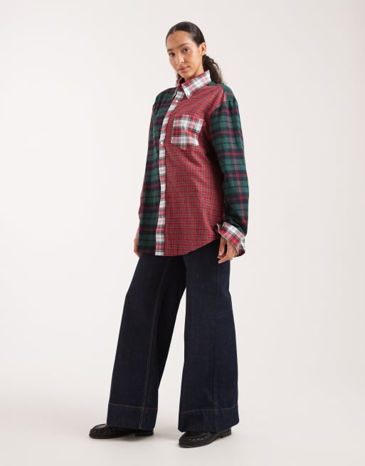 Tommy Jeans Tommy Girl tartan patchwork shirt in red and green, 2 of 4