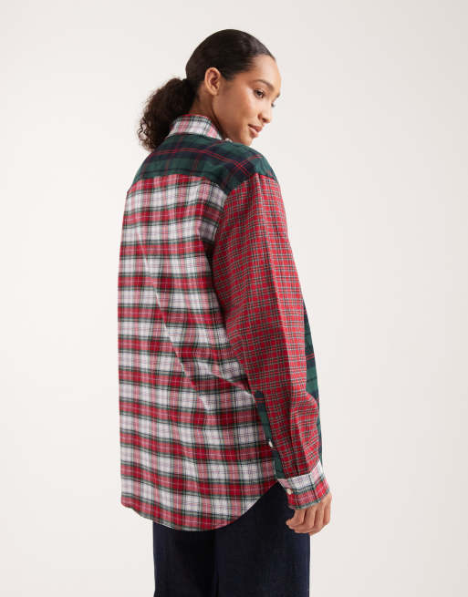 Tommy Jeans Tommy Girl tartan patchwork shirt in red and green, 3 of 4