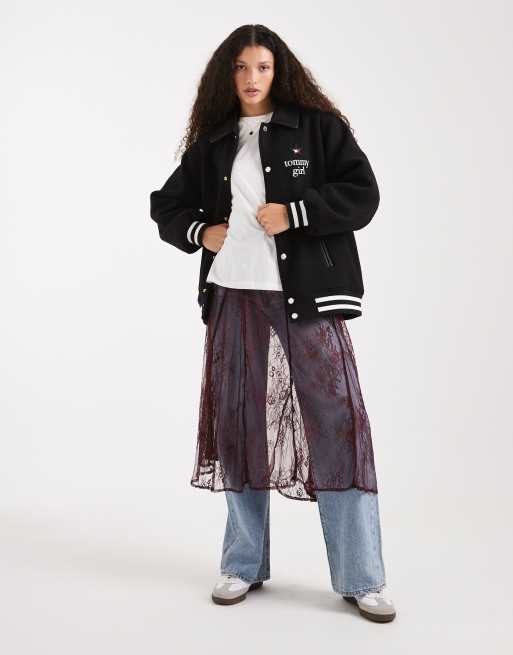 Tommy Jeans tommy girl wool varsity jacket with contrast collar in black