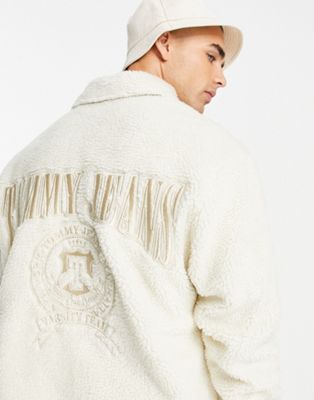 Tommy Jeans tonal back logo sherpa overshirt in off white - ASOS Price Checker