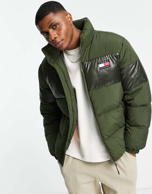 Tommy Jeans tonal color block puffer jacket in green