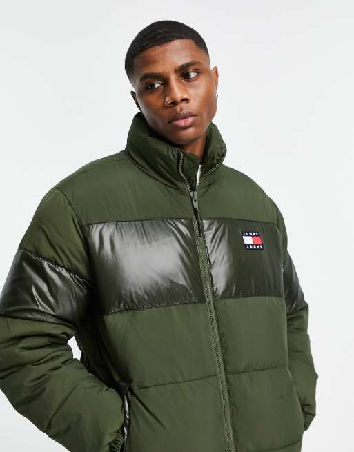 Tommy Jeans tonal color block puffer jacket in green