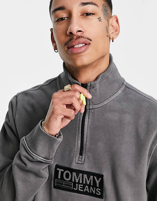 Tommy Jeans tonal corp logo half zip sweatshirt in black
