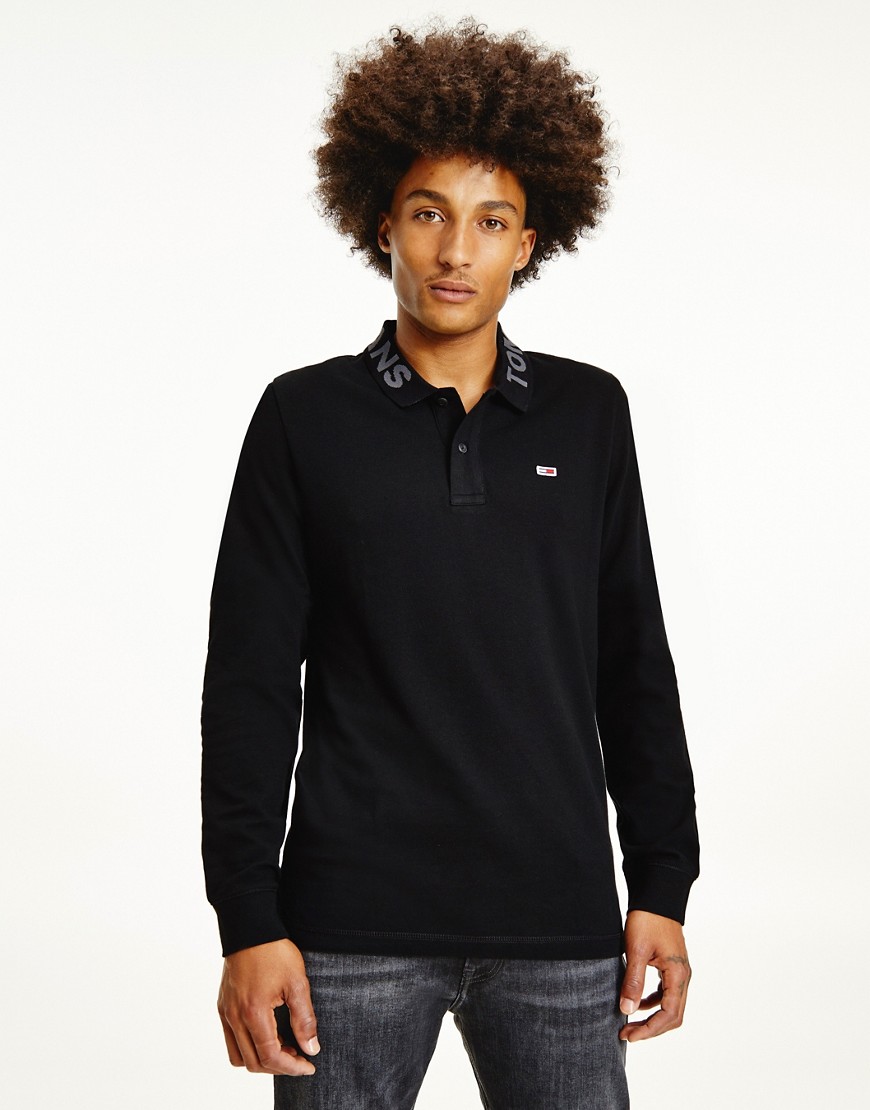 Tommy Jeans tonal flag logo long sleeve pique polo regular fit in black