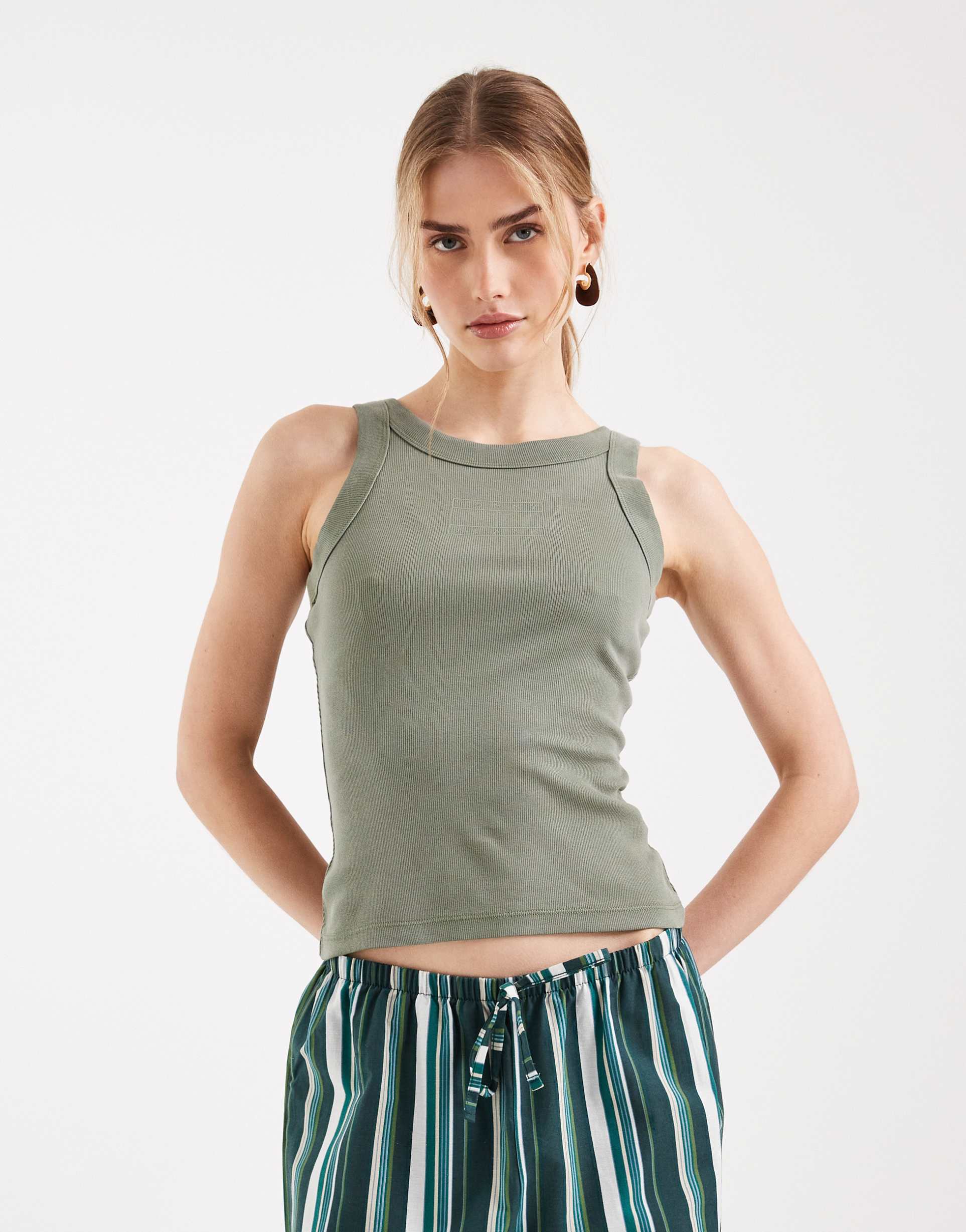 tommy jeans tonal flag logo slim fit tank top in khaki