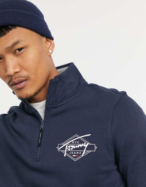 Tommy Jeans tonal logo mock neck half zip sweatshirt in navy