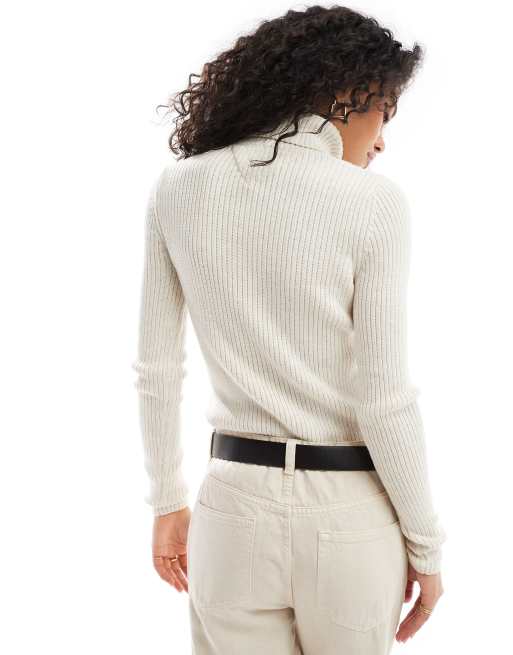 Tommy Jeans - Top a maniche lunghe bianco sporco in maglia con collo alto, 2 di 4