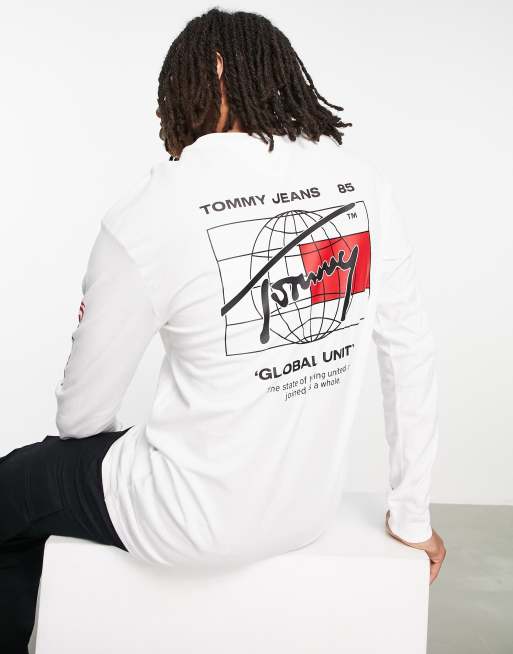 Tommy Jeans - Top a maniche lunghe bianco vestibilità classica con scritta e globo sul retro