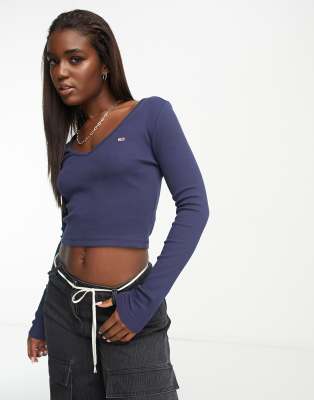 Tommy Jeans - Top a maniche lunghe blu navy con logo e scollo a V