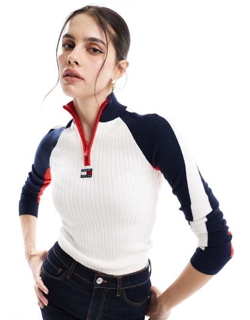 Tommy Jeans - Top côtelé effet color block à col zippé - Blanc/bleu marine