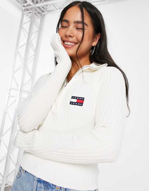 Tommy Jeans - Top en maille avec col zippé et logo - Blanc