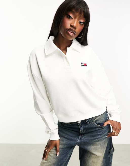 Tommy Jeans - Top manches longues décontracté style rugby en chambray avec écusson - Blanc