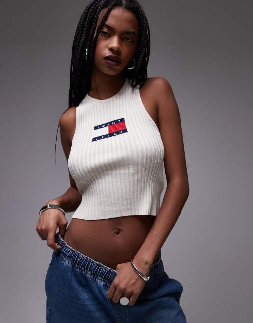Tommy Jeans - Top senza maniche a coste marrone con scollo a vogatore
