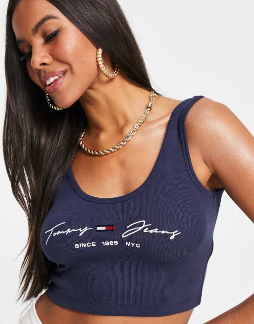 Tommy Jeans - Top senza maniche blu con scollo a barchetta e logo