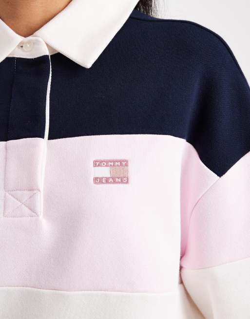 Tommy Jeans - Top stile rugby blu e rosa chiaro a righe, 4 di 4