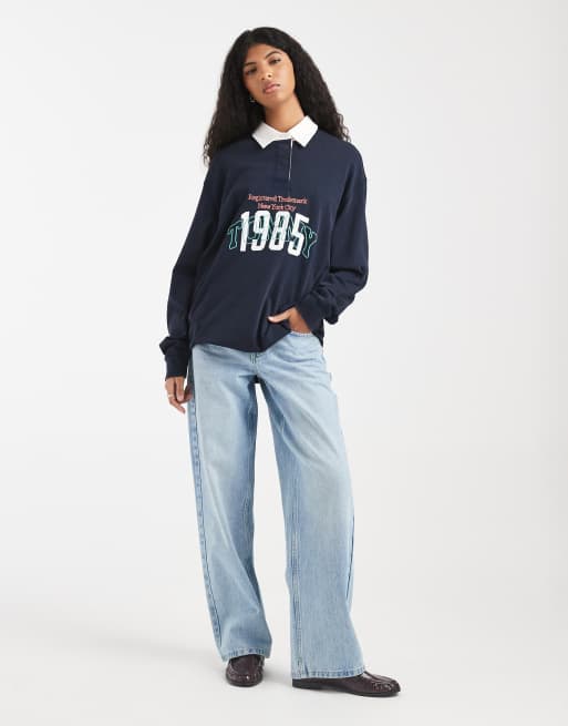 Tommy Jeans - Top stile rugby oversize blu navy con logo stile college, 2 di 4