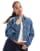 Tommy Jeans – Trucker-Jeansjacke in Mittelblau mit Faltendetail und Stickerei - view 1