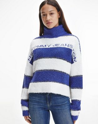 Tommy Jeans turtleneck knitted jumper in blue stripe