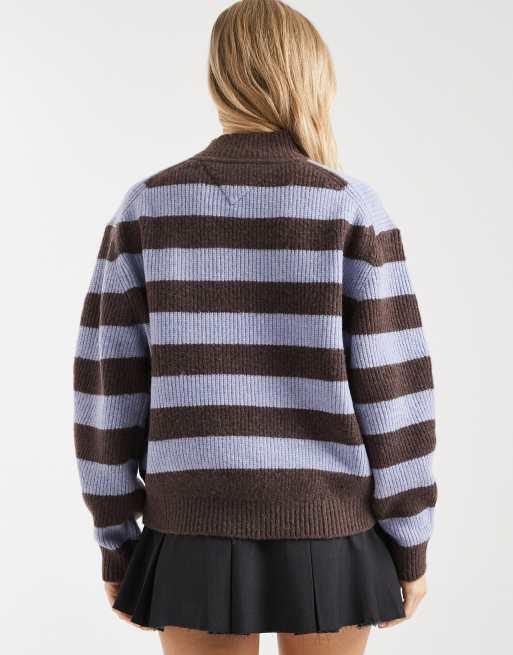 Tommy Jeans turtleneck stripe jumper in lilac and brown, 4 of 4
