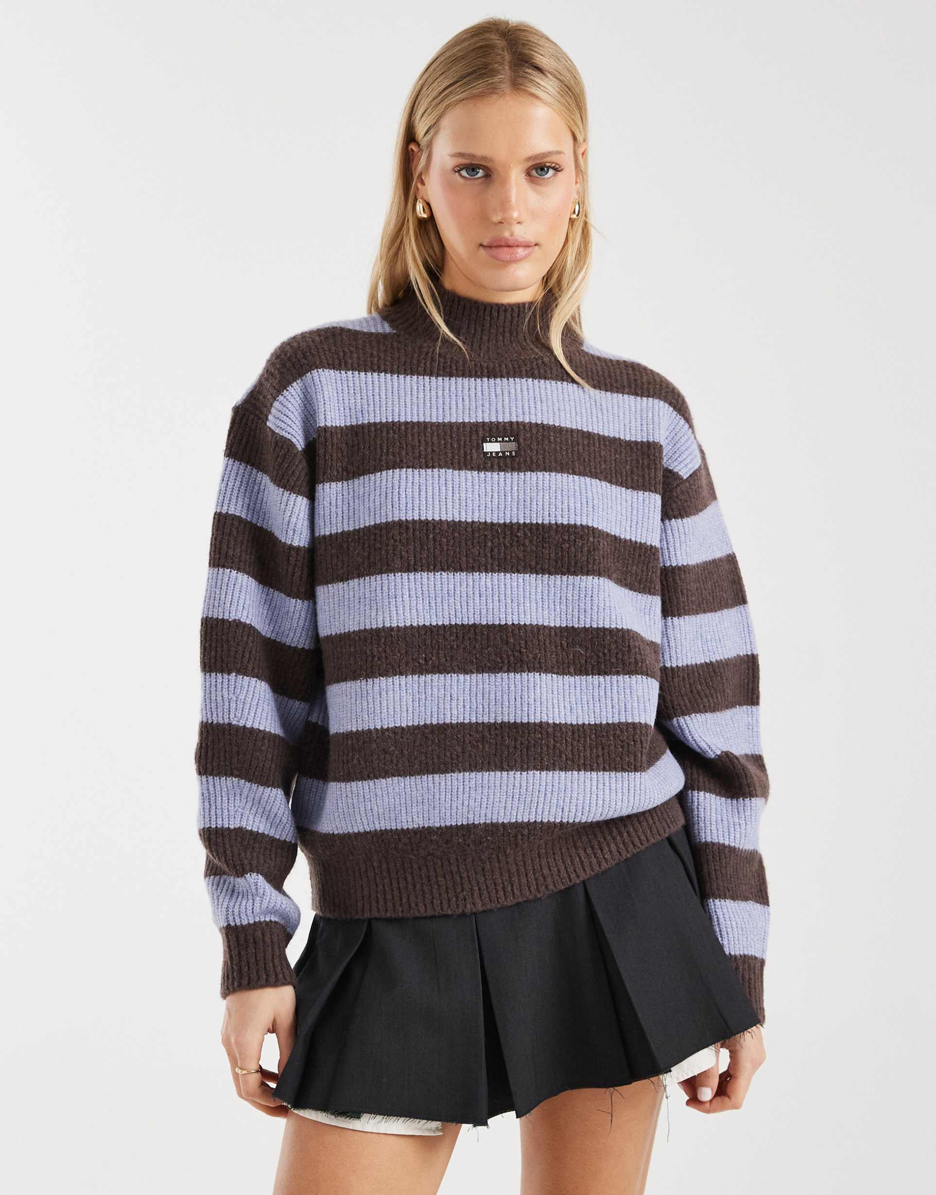 tommy jeans turtleneck striped sweater in lilac and brown