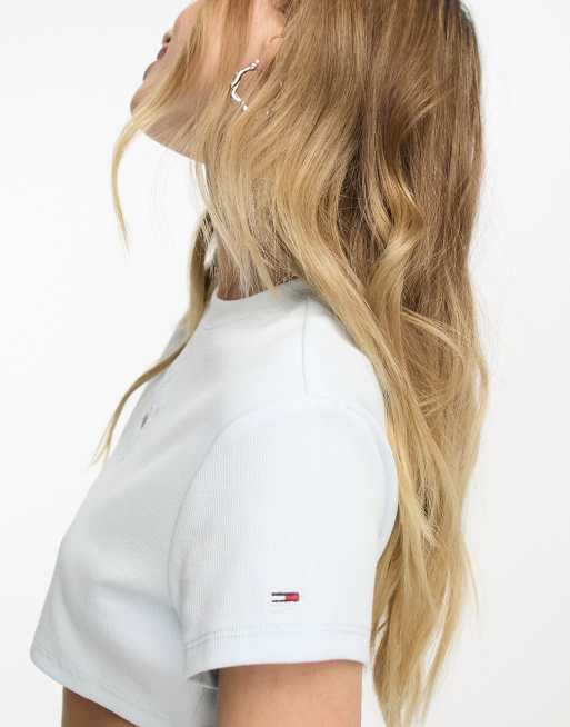 Tommy Jeans ultra crop t-shirt with mirror logo in light blue, 3 of 4