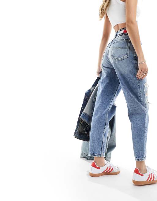 Tommy Jeans ultra high rise tapered mom jeans with knee rips in light wash