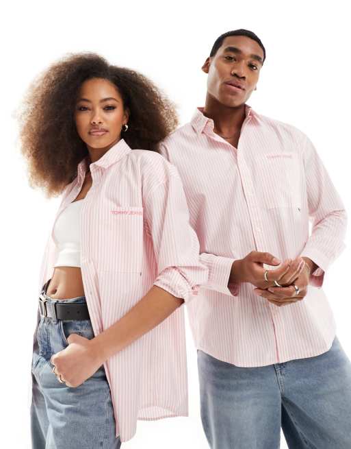 Tommy Jeans - Uniseks ruimvallend klassiek gestreept overhemd in roze