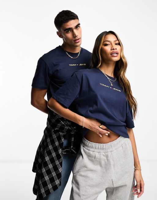Tommy Jeans - Uniseks T-shirt met klassiek lineair gouden logo in marineblauw