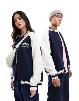 Tommy Jeans - Unisex-Bomberjacke in Marineblau mit Oversize-Schnitt und College-Logo