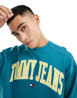 Tommy Jeans Unisex Boxy Pop Varsity Crew Neck Sweatshirt In Teal-green