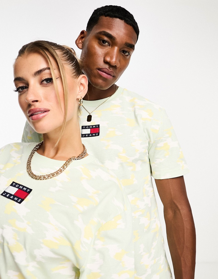 Tommy Jeans Unisex camo graphic flag logo t-shirt in yellow