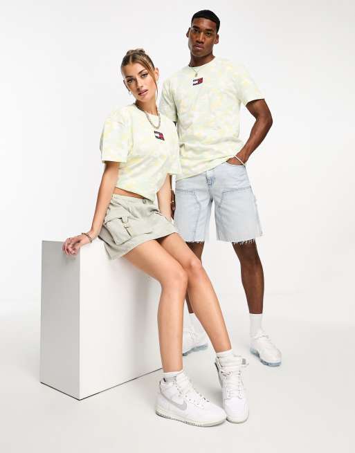 Tommy Jeans Unisex camo graphic flag logo t-shirt in yellow, 3 of 4