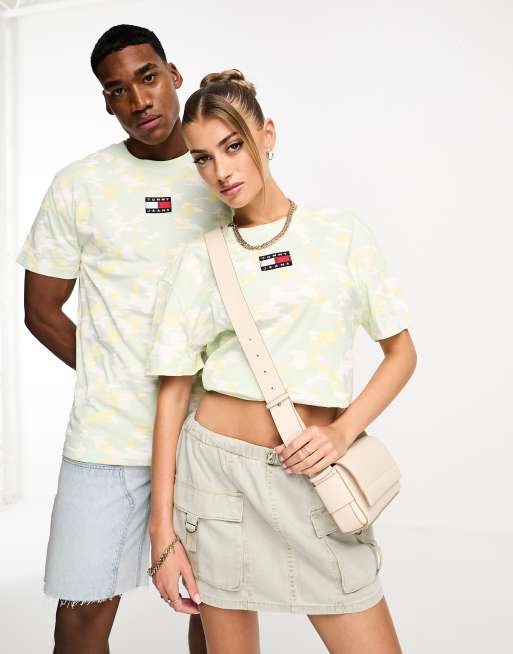 Tommy Jeans Unisex camo graphic flag logo t-shirt in yellow, 4 of 4
