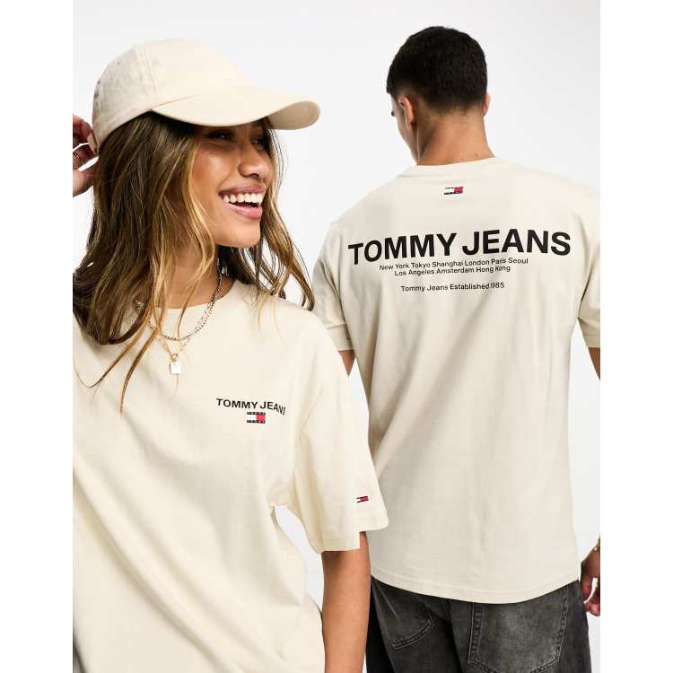 Tommy Jeans linear logo in back unisex | classic ASOS beige t-shirt gold