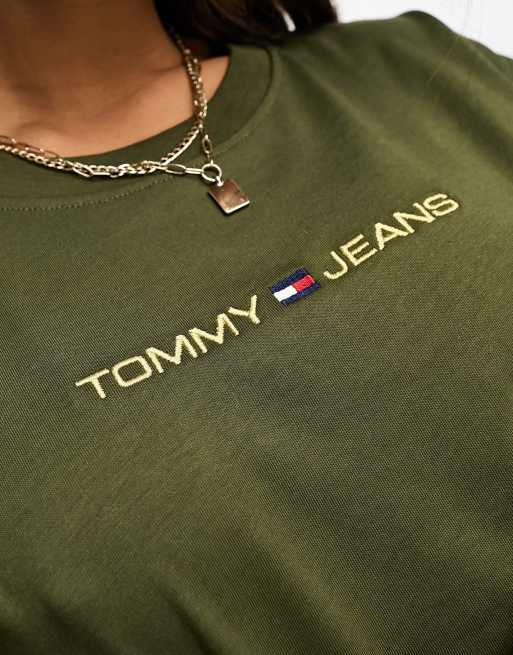 Tommy Jeans unisex classic gold linear logo t-shirt in olive green, 4 of 4