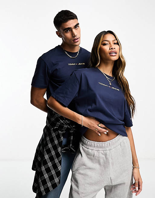 Tommy Jeans unisex classic gold linear logo unisex t-shirt in navy | ASOS