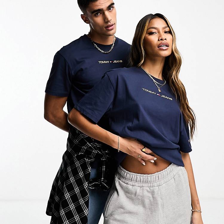 Tommy Jeans unisex classic gold linear logo unisex t-shirt in navy | ASOS