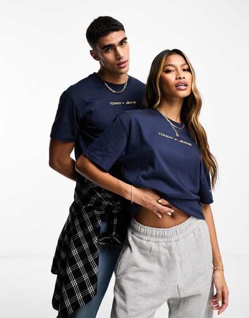 Tommy Jeans gold in unisex ASOS unisex linear classic t-shirt | navy logo