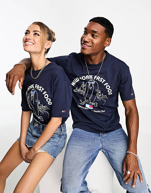 Tommy Jeans Unisex cotton NYC sport club print classic fit t-shirt in navy  | ASOS
